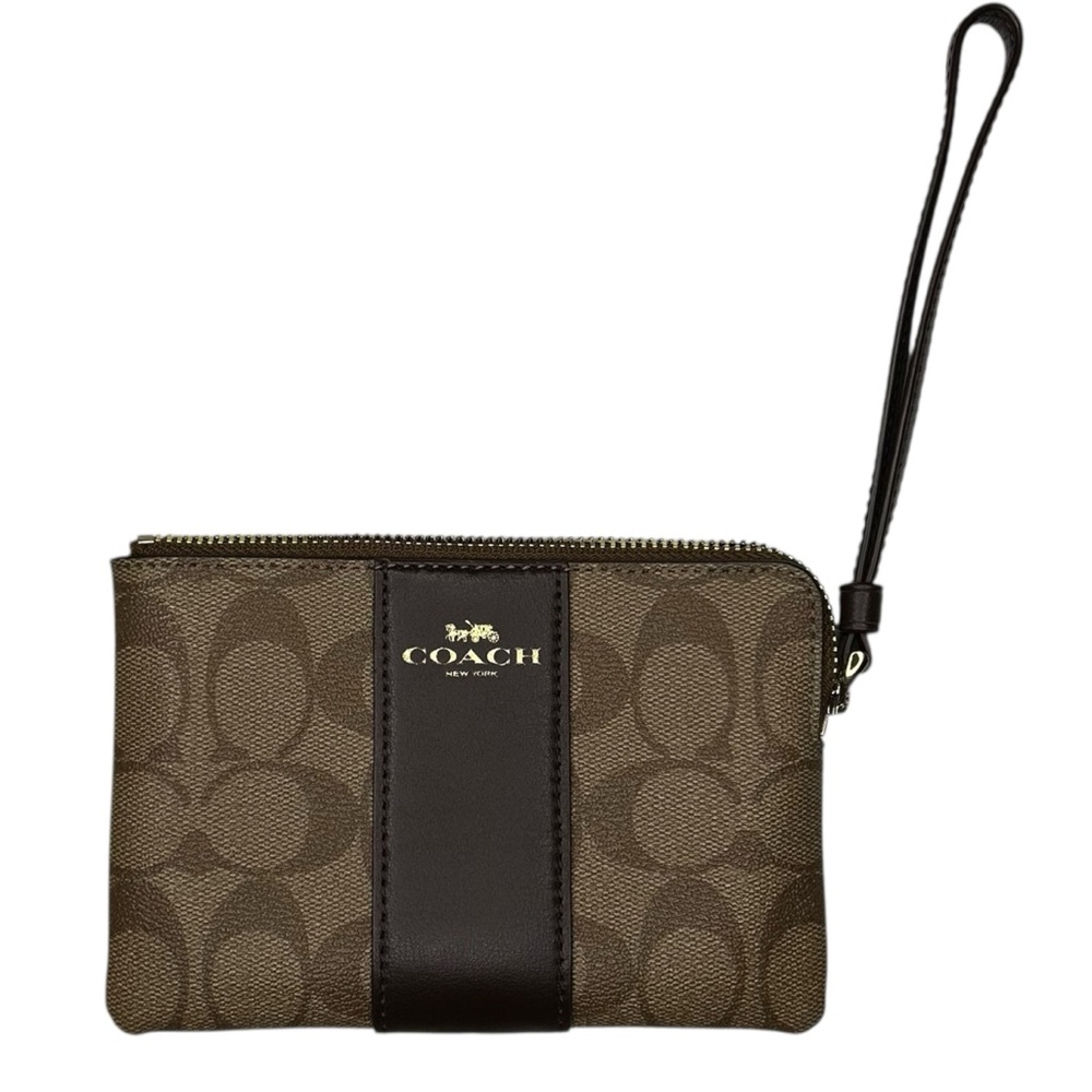 Coach Corner Zip Wristlet Wallet Brown Signature Canvas Gold